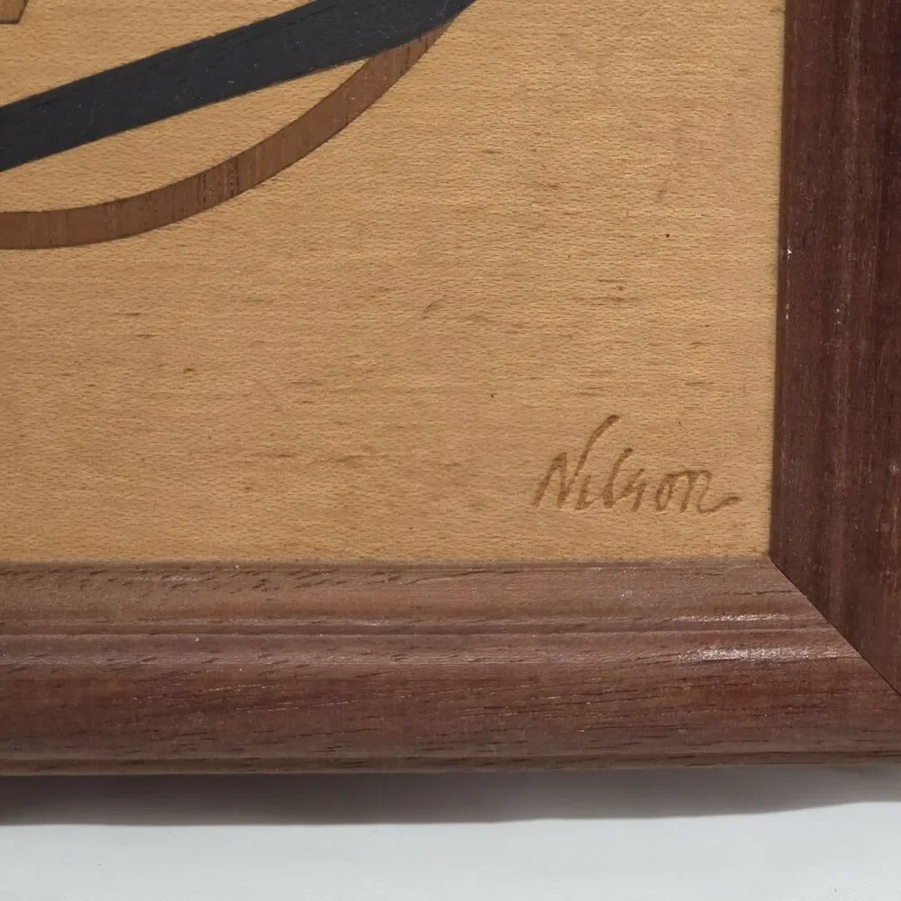 Vintage Marquetry Wood Inlay Snow Skier 6.75 X 9.75 Hudson River Signed NELSON